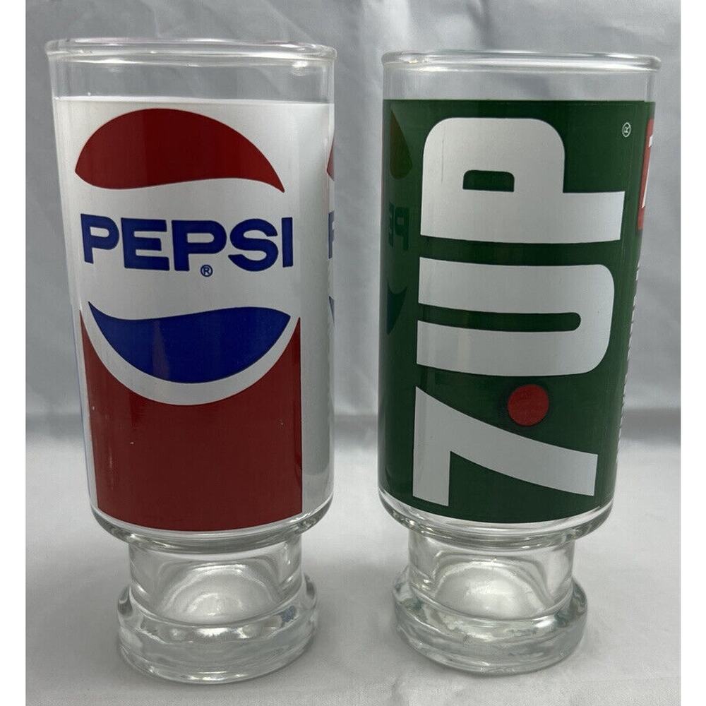 Vintage Set The Uncola Wet Wild 7 UP &‎ Pepsi 12oz Pedestal Footed Glass
